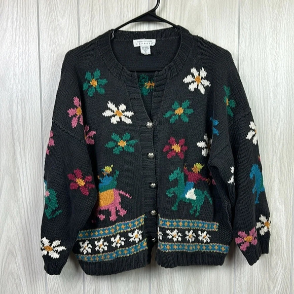 Express Sweaters - Express Sweater Small Vintage Floral Cardigan Cotton Grandmacore 90s Horse Knit